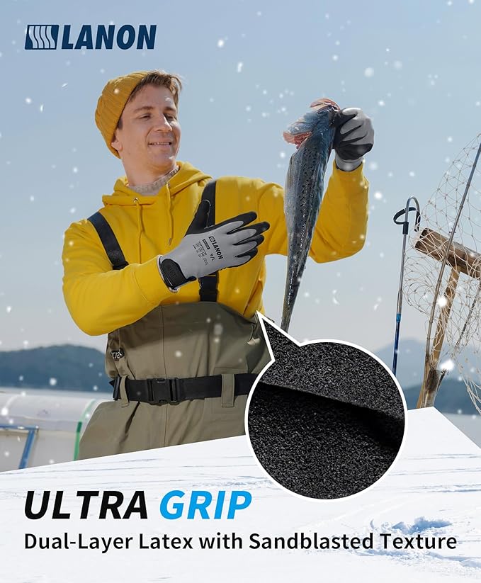 LANON Waterproof Winter Work Gloves, Double Latex Coated, Thermal Insulated Freezer Gloves for Cold Weather, Heavy Duty, Non-Slip Grip, Wrist Closure, Grey,L
