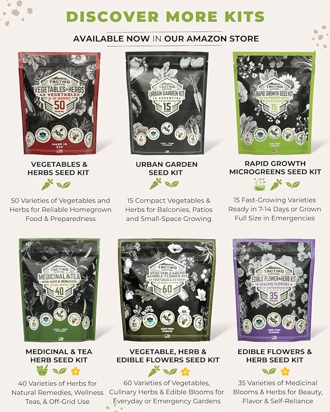 Tactiko Survival 30 Calorie-Dense Veggies & Popular Herbs - Ultimate Energy Seed Kit - USA-Grown Non-GMO Heirloom Seeds - Mylar-Bag for Long-Term Storage, Emergency Food Supply Gardening