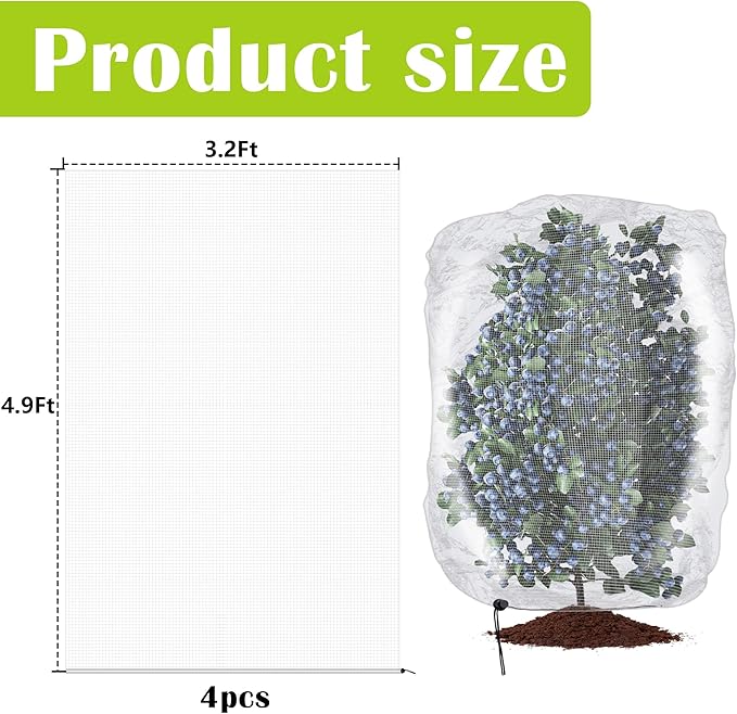4 Pcs Insect Bird Barrier Tree Net with Drawstring, 4.9 x 3.2 Ft Garden Bird Netting Plant Cover, Fruit Tree Netting for Protect Plants Fruits Flowers from Insect Bird Eating