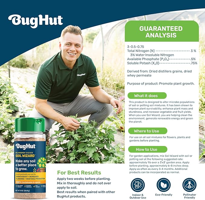 BugHut Soil Wizard Organic Soil Amendment – All Purpose Plant Food for Houseplants, Vegetables, Flowers, and Herbs - Chemical-Free Nutrient Source for Indoor & Outdoor Gardens - 8 oz. Shaker