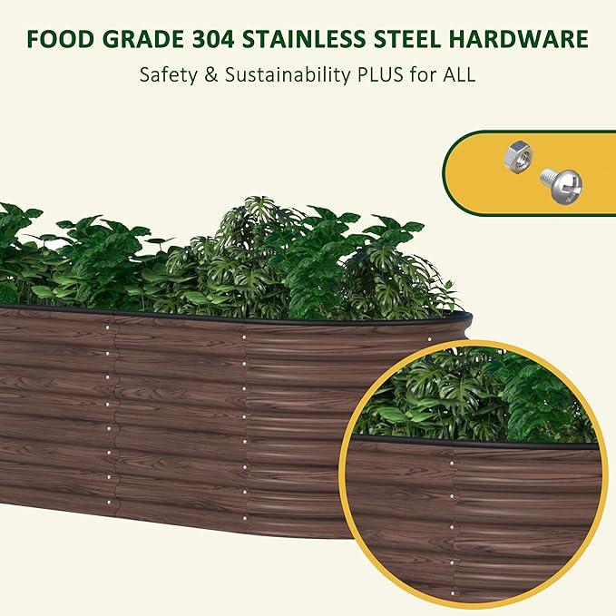 VEIKOU 8ftx2ftx2ft Raised Garden Bed Outdoor for Vegetables, 9-in-1 Galvanized Metal Planter Box with 2 Aluminum Support Bars, 23.1''H Modular Garden Bed Kit Oval for Herbs and Flowers, Rustic Brown
