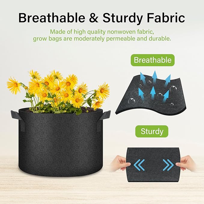 HealSmart Plant Grow Bags 10 Gallon, Tomoato Planter Pots 10-Pack with Handles, Aeration Nonwoven Fabric, Heavy Duty Gardening Planter for Vegetable, Herbs and Flowers, Black 2024 Version