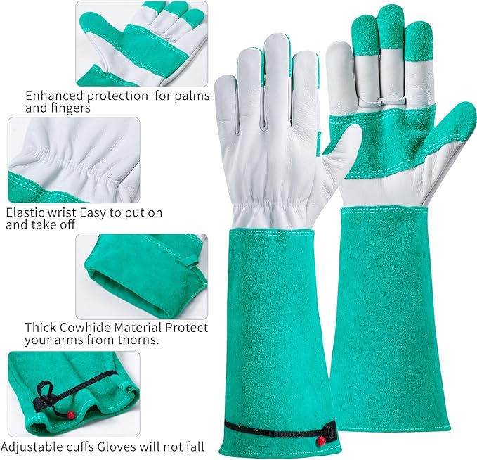 Gardening Gloves, Rose Pruning Gloves Thorn Proof, Long Cowleather Gauntlet Yard Work Gloves with Adjustable Cuffs