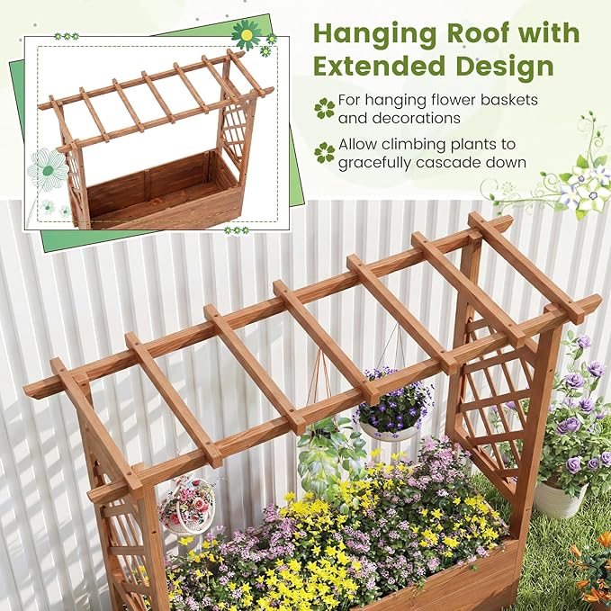 Giantex Raised Garden Bed with Sided Trellis & Roof Set 2, 31”x16”x41” Wood Elevated Planter Box, Freestanding Garden Planter Raised Bed for Flowers Herbs Climbing Vines,Brown