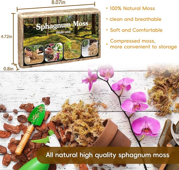 Sphagnum Moss,Sphagnum Moss for Plants,6 QT Natural Long Fibered Sphagnum Peat Moss,Premium Dried Orchid Moss for Orchids Succulents Carnivorous Potted Plant Gardening & Reptiles