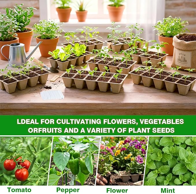 480 Cells Seed Starter Tray, 48 Pack Biodegradable Peat Pots with 200 Labels, Germination Plant Starter Kit for Seedlings