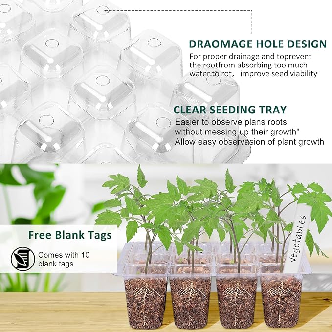 Seed Starter Tray with Grow Lights 5 PCS Kit Humidity Dome Adjustable Brightness Timer Controller 8 LED Seedling Trays with Tall Lid Mini Greenhouse for Staring Seedlings