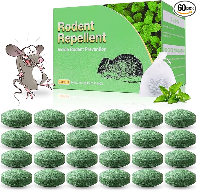 Peppermint Mice Repellent, Effective Mouse Deterrent for Home, Car, Garage, and Garden,Safe Natural Formula, 60 Pack