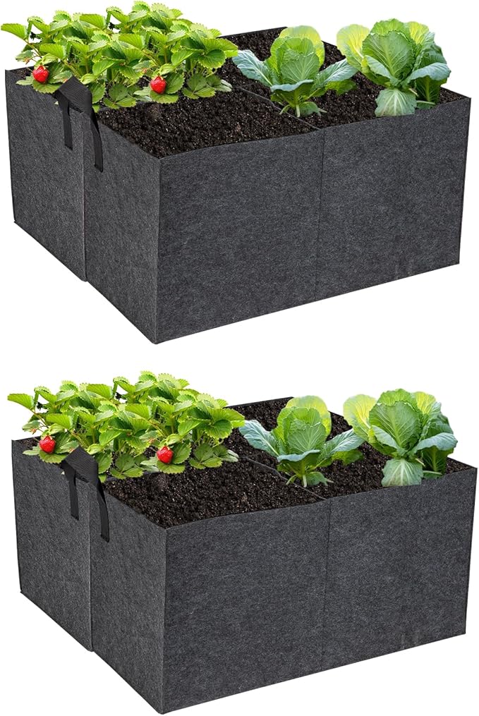 2-Pack 4 Grids Fabric Grow Bags, 2x2x1ft Thickened 400G Nonwoven Fabric Raised Garden Beds with Handles - Indoor Outdoor Planters for Vegetables, Herbs, Flowers