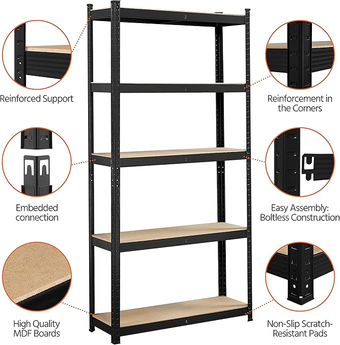 Yaheetech Storage Shelves, 5 Tier Heavy Duty Adjustable Metal Shelving Unit, Industrial Utility Rack for Garage Warehouse Pantry Closet (35.5 W× 12 D × 71 H Inches, Black)