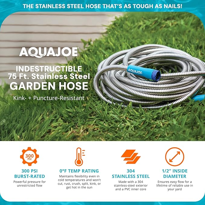 Aqua Joe AJSGH75 1/2-Inch Heavy-Duty, Puncture Proof Kink-Free, Spiral Constructed 304-Stainless Steel Metal, Garden Hose, 75-Foot