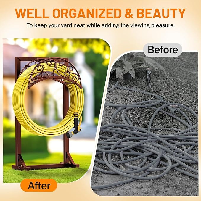 Garden Hose Holder - Upgraded Water Hose Holders for Outside with 5 Spikes & 2 Shepherds Hooks, Freestanding Hose Stand Hose Hanger Hose Storage Hose Reel Rack for Yard Lawn(Brown)