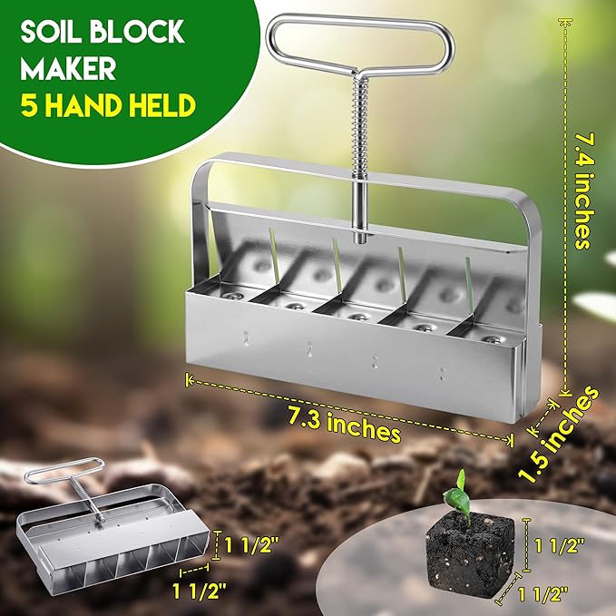 Dreyoo 1 Pack Upgrade Soil Block Maker Hand Held, Manual Blocking Tool for Seed Starting with Dispenser, Garden Potting Soil for Indoor Outdoor Plants, No Transplant Shock (5 Cell,1 1/2 Inch)