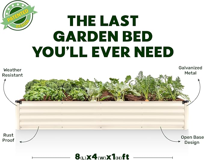 Plant & Plot Galvanized Raised Garden Beds Outdoor // 8×4×1 ft Planter Raised Beds for Gardening, Vegetables, Flowers // Large Metal Garden Box (White) // Patented Tool-Free Design