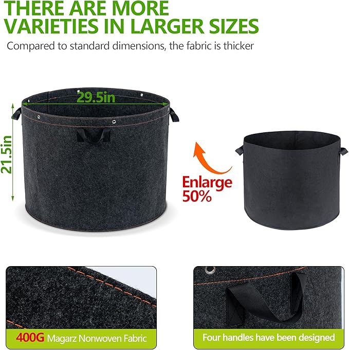 50 Gallon Grow Bags, 2 Pack Thickened Aeration Large Fabric Pots with Handles 29''×21'', Heavy Duty Planting Bags for Potato, vegetables, Flowers & Trees