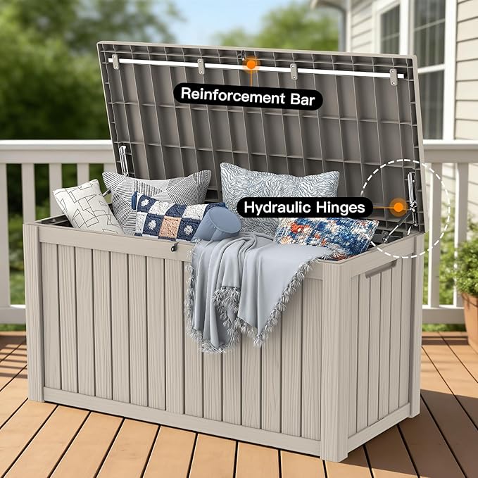 Mars Villa 150 Gallon Outdoor Storage Box, Resin Deck Box Waterproof for Patio Furniture Cushions, Pool Supplies, Gardening Tools, Weatherproof and UV Resistant, Greige