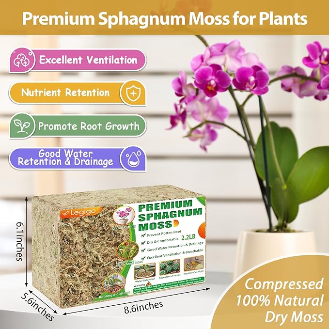 Legigo 2.2LBS Premium Sphagnum Moss for Plants- 40QT Natural Succulent Carnivorous Plant Moss Dried, Long Fiber Orchid Moss for Orchid Repotting Succulent Sarracenia Potted Plants Gardening & Reptiles