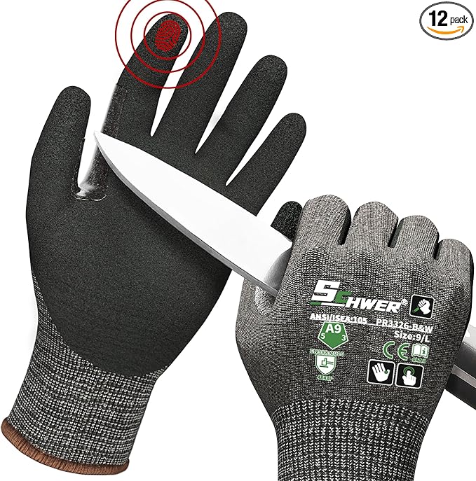 Schwer 12 Pairs ProGuard High Level Cut Resistant Work Gloves PR3326 for Extreme Protection，ANSI A9 Cut Gloves with Reinforced Thumb, Non Slip, Breathable, Durable, Touch-screen, Black (L