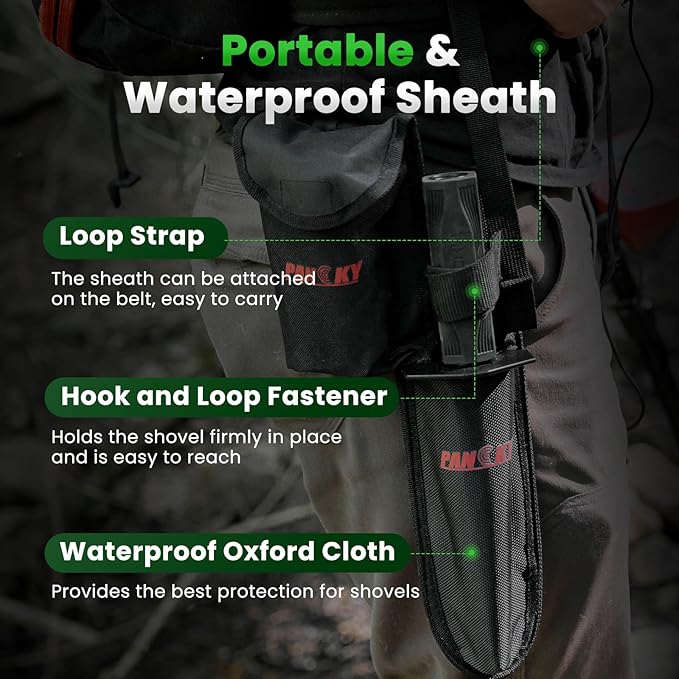 PANCKY Metal Detector Shovel with Extended Handle & Carrying Sheath, Heavy Duty Double Serrated Edge Metal Detecting Digging Tool, Digger Trowel for Gardening, Camping, Black