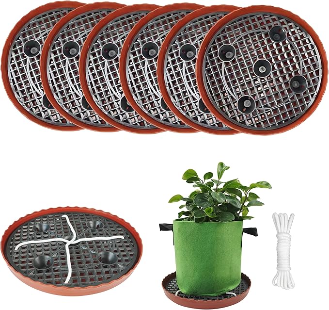 6 Pack 12.6 inch Self Watering Base for 1-5 Gallon Fabric Pot, Automatic Watering Tray System for Non-woven Grow Bag, Plastic Elevated Plant Flower Saucer Stand Growth Tent Greenhouse Indoor Outdoor