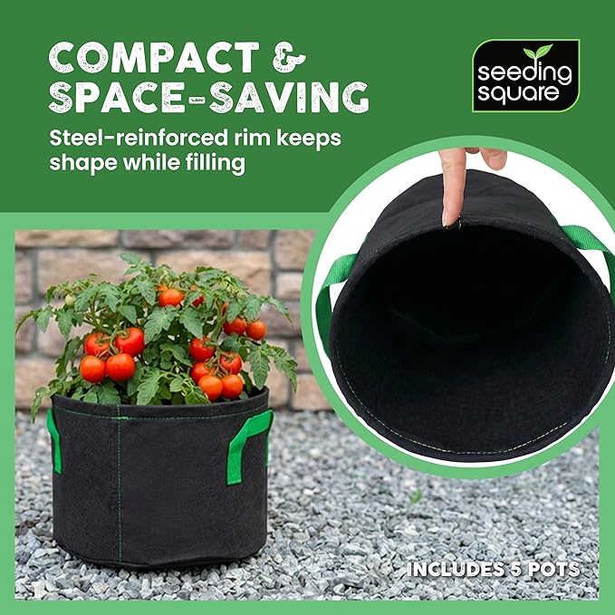 Seeding Square Fabric Grow Bags (5 Gallon) – Durable, Reusable Air-Pruning Plant Pots for Vegetables, Fruits & Herbs – Eco-Friendly Breathable Planter Bags for Healthy Roots & Bigger Harvests