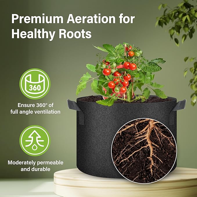 HealSmart Plant Grow Bags 10 Gallon, Tomoato Planter Pots 5-Pack with Handles, Aeration Nonwoven Fabric, Heavy Duty Gardening Planter for Vegetable, Herbs and Flowers, Black 2024 Version
