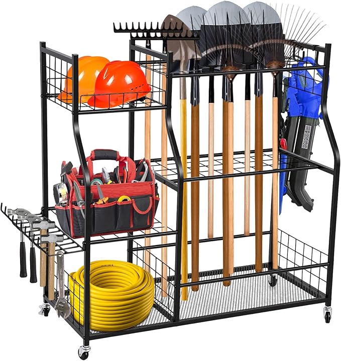 Garden Tool Organizer Rolling Cart Large Capacity Rust-Resistant Metal Tool Cart with Wheels Hooks Garage Shed Yard Outdoor Storage Rack Suitable for Long-Handled Tools/Rakes/Shovels
