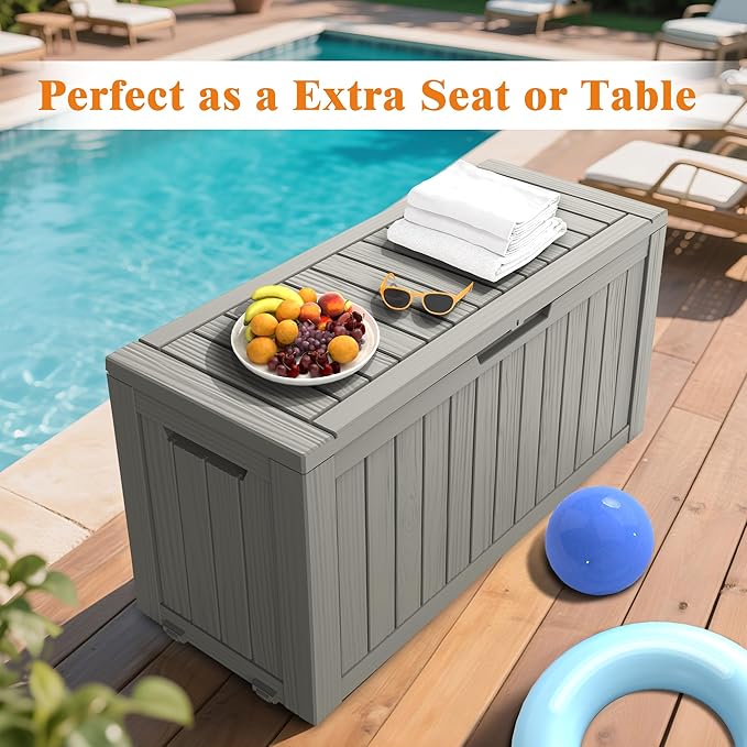 75 Gallon Outdoor Storage Box, Waterproof Deck Box with Handles and Lockable Lid, Resin Patio Storage Box with Hydraulic Rods for Garden Tools, Cushions, Grey