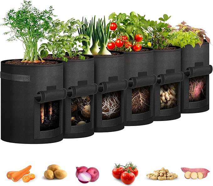 iPower Potato Grow Bags with Flap 10 Gallon 6 Pack, Garden Planting Pot with Durable Handle and Harvest Window, Thickened Nonwoven Fabric Container for Potato, Tomato, Carrot, Vegetable and Fruits