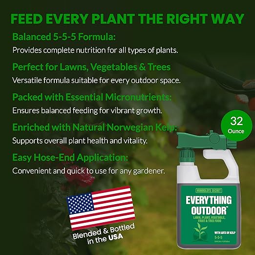 Humboldts Secret Everything Outdoor Plant Food | 5-5-5 Liquid Fertilizer with Norwegian Kelp | All Purpose Lawn, Vegetable & Fruit Food | Garden Nutrients | Refillable Hose End Bottle | 32 Ounce