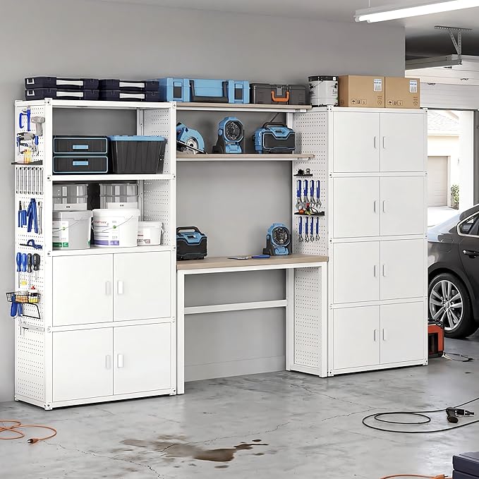 FLEXIMOUNTS Garage Storage Cabinet System, 3-in-1 Modular System with Integrated Workbench, Cabinets & Pegboard, 24-Gauge Steel, 117" L, 6-Door Cabinet for Garage Workshop, White, FLEXIMOD Series