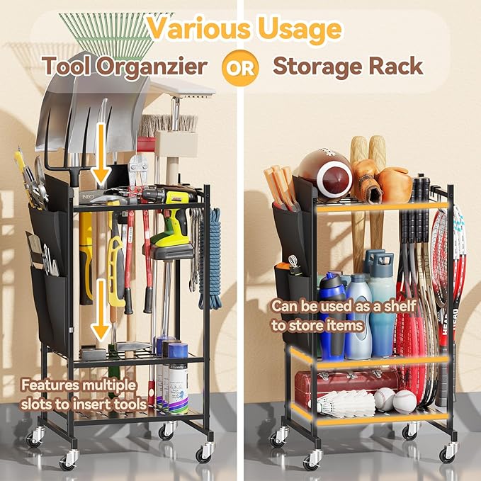 Garden Tool Organizer with Pockets, Rolling Yard Tool Storage Rack with 2 Hooks and Lockable wheels, Black