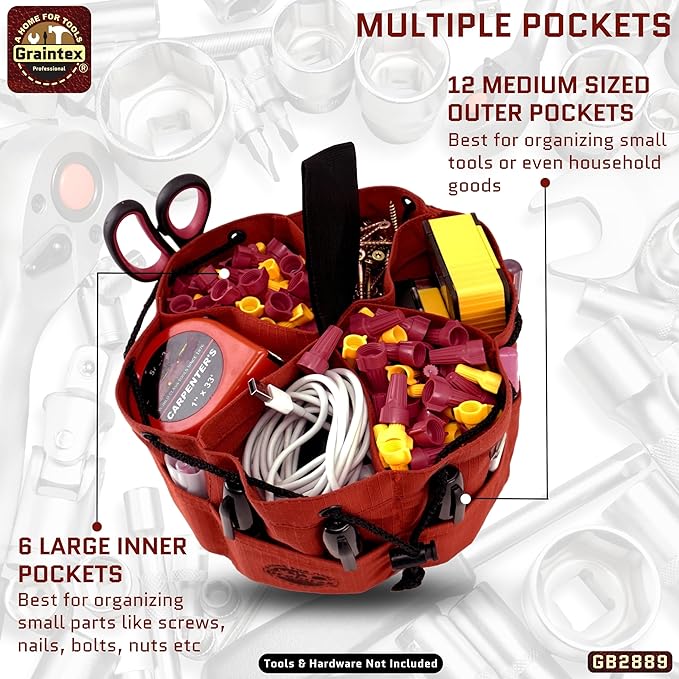 Graintex 18 Pockets Grab Bag Rip-stop Canvas Drawstring Closure, Small Part Organizer Pouch, Small Tools, Screws, Parts, Parachute Tool Bag for Efficient Storage - Rust