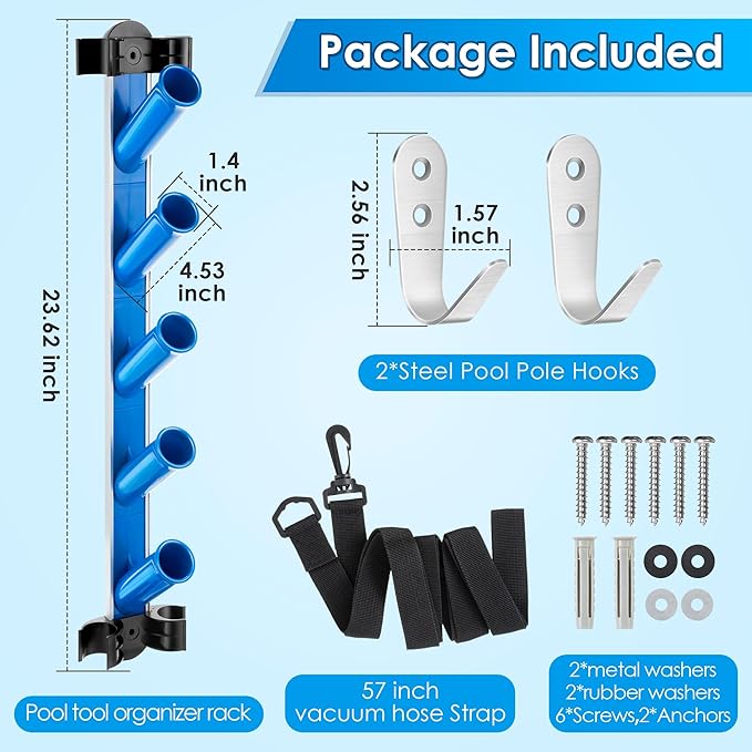 Swimming Pool Accessories Holder, Pool Cleaning Accessory Organizer and Holder Rack, Pool Tool Organizer Storage Rack for Poles, Skimmers, Leaf Rakes, Nets, Brushes, Vacuum Hose
