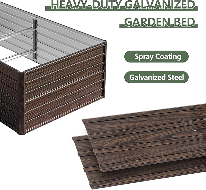 Galvanized Raised Garden Beds, 8x4x2FT Outdoor Planter Boxes with Safety Edging and Gloves, Rustic Country Style Metal Garden Bed Kit for Vegetables Flower and Fruits (Brown Wood Grain