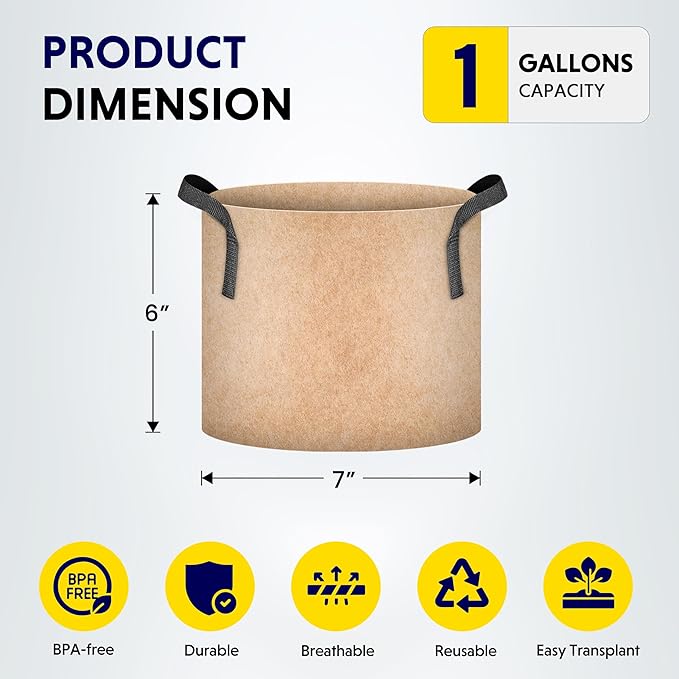 iPower 20-Pack 1 Gallon Grow Bags 300G Thick Nonwoven Aeration Fabric Pots Heavy Duty Plant Containers with Handles for Garden Planting, Tan