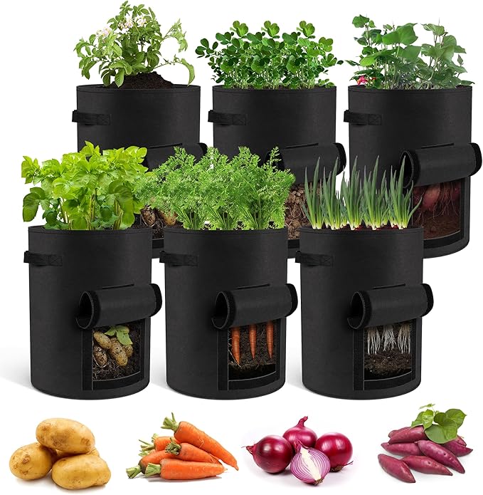 6-Pack 10 Gallon Potato Grow Bags – Durable Nonwoven Fabric Planters with Reinforced Handles | Reusable Garden Containers for Potatoes, Vegetables (Black, 10 Gallons/6 Pack)