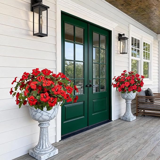 19 Inch Artificial Fake Flowers for Outdoor,4 Pcs Red Faux Silk Petunias Spring Flowers for Outside for Indoor Porch Planter Front Door Garden Patio Window Box Home Decor