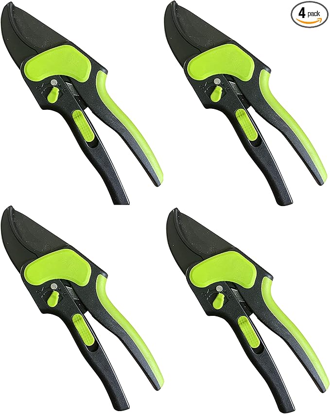 Garden Guru 2 in 1 Ratchet Pruning Shears Clippers – 4X Cutting Power – Ratcheting Garden Anvil Pruners Scissors - Ergonomic Grip - Makes Tough Cuts Easy - Great for Seniors & Arthritic Hands (4 Pack)