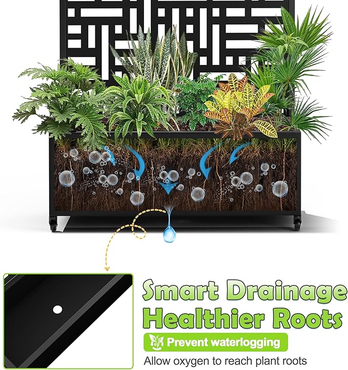 15.7"×70.9"×35.4" Metal Raised Garden Bed with Trellis and Wheels - Tall Trellis Planter Box for Climbing Plants, Vegetables & Vines - Outdoor Privacy Planters for Patio (Black-Helen)