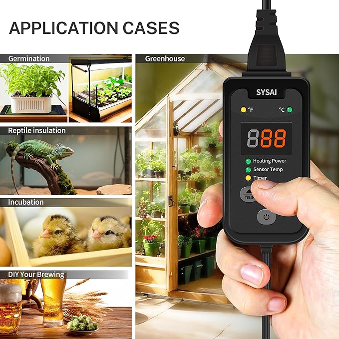 SYSAI Digital Thermostat Controller for Reptiles, Seed Germination, Breeding, Incubation and Small Greenhouse, 50-95°F, 1.5A 150W