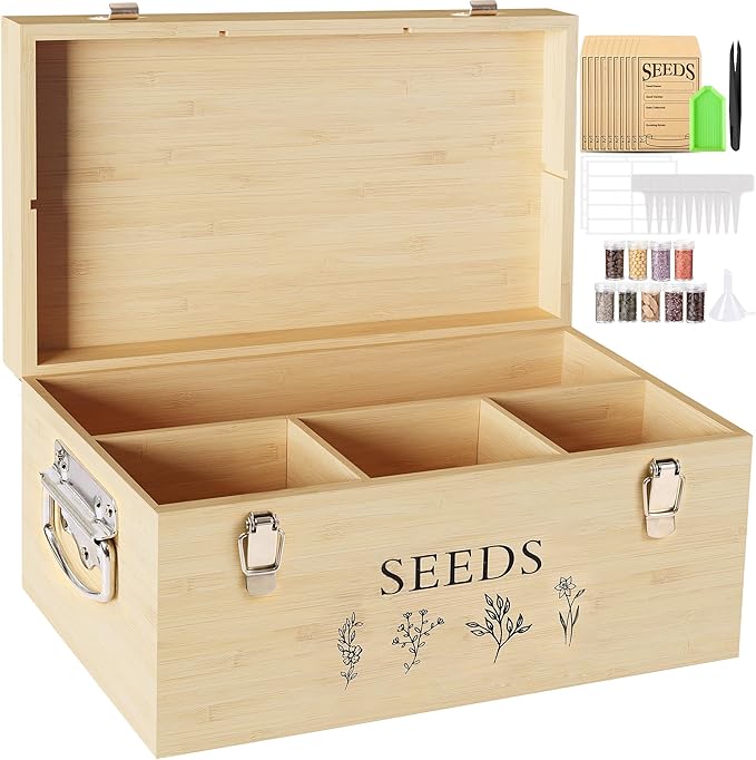 Bamboo Seed Storage Organizer, Large Garden Seed Organizer with Lid & Safety Lock & Handles, Seed Box Includes Seed Envelopes and Labels etc, Great Gifts Gardening Kit (Wood)