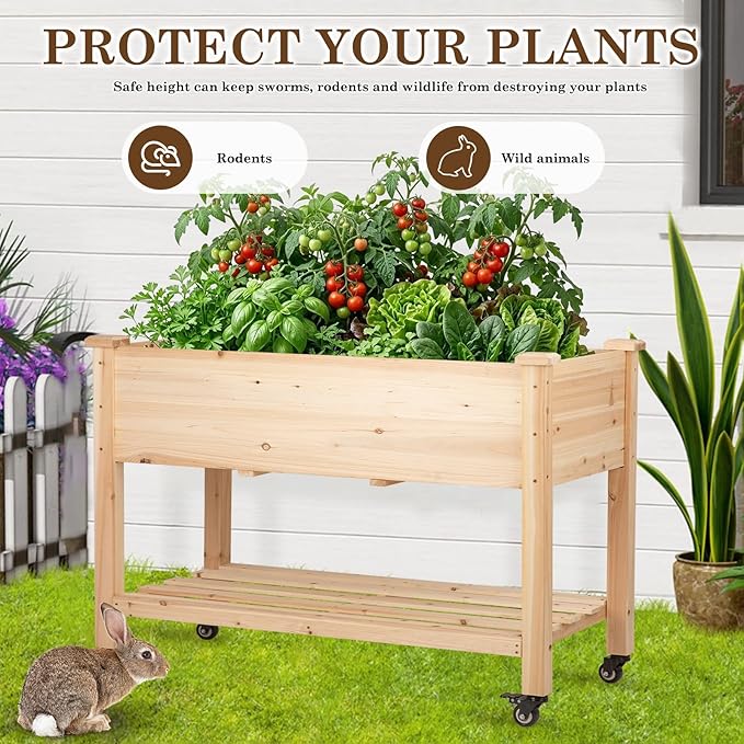 Raised Garden Bed with Lockable Wheels, 48x24x32 inch Elevated Wood Planter with Storage Shelf Protective Liner for Vegetable Flower Herb Outdoor Balcony Patio Backyard, Natural