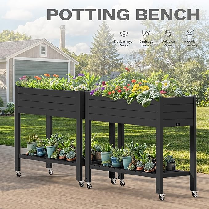 DWVO Raised Garden Bed Kit, 3.6 x 1.5 x 2.8 FT Outdoor Plastic Planter Box with Wheels and Legs, Garden Box with Drain Plug & Storage Shelf for Planting Vegetables, Flowers, and Herbs, Black