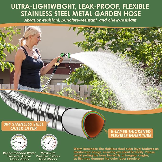Stainless Steel Garden Hose 25 ft - Heavy Duty Durable Metal Water Hose, Kink Resistant, Lightweight, Flexible, Rust Proof, UV Resistant - Ideal for Yard, Lawn, Plant Watering & Car Washing