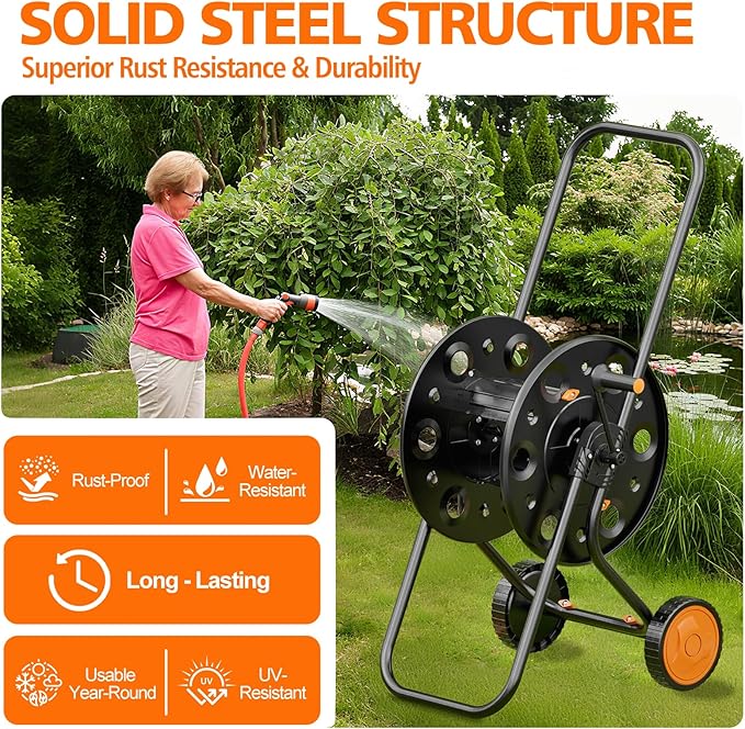 SPECILITE Garden Hose Reel Cart, Holds 75-150 Ft of Hose Storage Holder, Portable Metal Hose Caddy with Wheels, Outdoor Water Hose Reels for Car Washing and Garden Watering