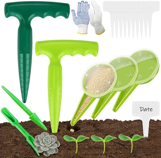 Mini Seed Spreader, 19 Pcs Seed Planter Tool Dispenser for Small Seeds, Hand Seeder Spreader with Plant Labels, Ergonomic Plastic Dibber Garden Tool and Gloves for Lawns