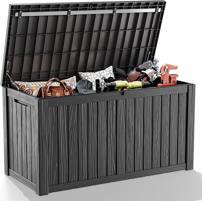 Vixzen 180 Gallon Resin Deck Box, Lockable Outdoor Storage Box for Patio Cushions Storage Furniture,Garden Tools, Pool Supplies, Weatherproof and UV Resistant（Black，180 Gallon）