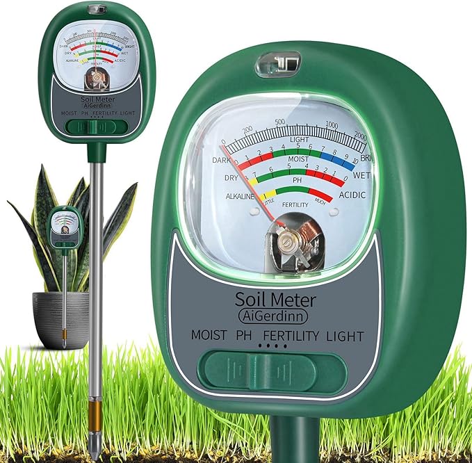 Soil Test Kit, 4-in-1 Soil Moisture Meter/Light/Fertility/Soil PH Meter for Gardening, No Need Battery Soil Tester for Indoor&Outdoor Garden,Farm,Lawn -GrassGreen