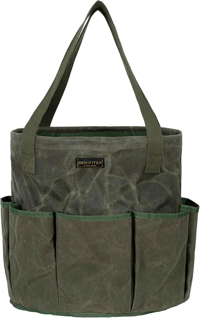 Denifiter Professional 16oz Waxed Canvas Garden Tool Tote - Extra Large Waterproof Storage with 8 Pockets & Reinforced Base | Durable Carrying Case for Gardening, Landscaping & Outdoor Work